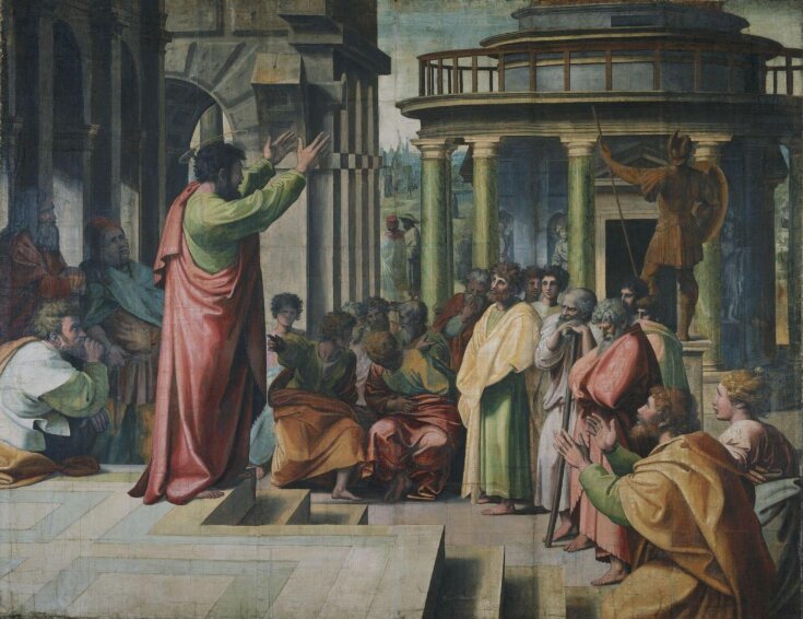 Raphael's cartoon showing Saint Paul preaching before the Areopagus with Dionysius and Damaris in the foreground